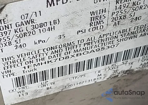 2011 Ford Explorer Xlt из США, поврежденный, VIN 1FMHK7D8XBGA95307